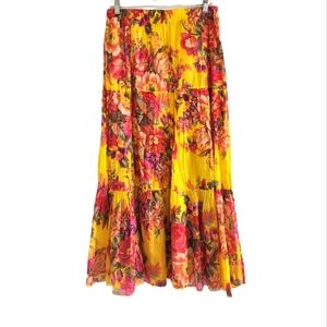 Yellow Floral Cotton Layered Skirt Lined Size Medium